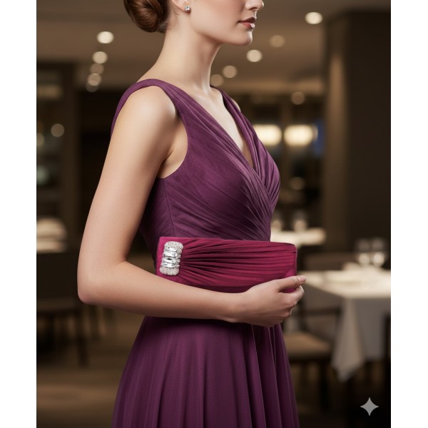 Evening Bag - Pleated Satin w/ Rhinestones Accent Charm - Purple - BG-92409PU